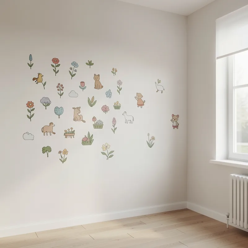 Mur de salon décoré avec un grand sticker mural végétal au-dessus d'un canapé clair